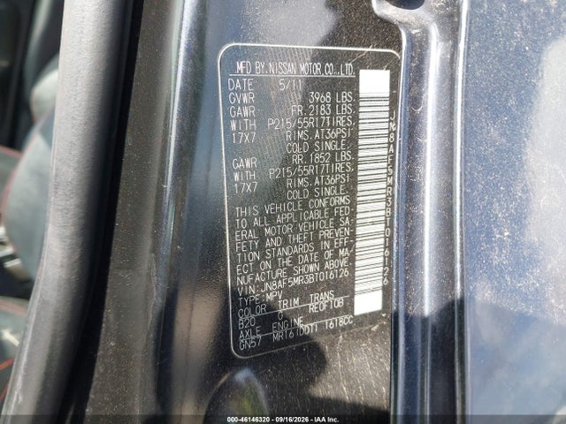 46146320 :رقم المزاد ، JN8AF5MR3BT016126 vin ، 2011 Nissan Juke Sl مزاد بيع