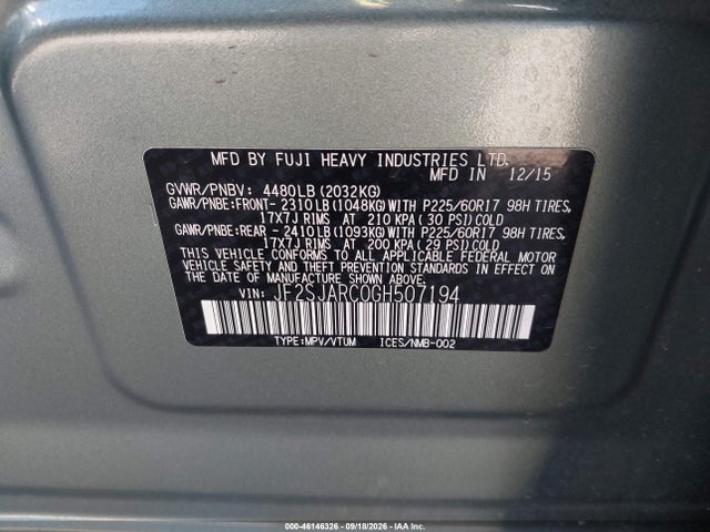 46146326 :رقم المزاد ، JF2SJARC0GH507194 vin ، 2016 Subaru Forester 2.5i Limited مزاد بيع