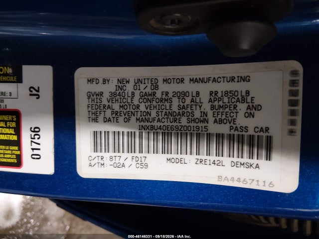 46146331 :رقم المزاد ، 1NXBU40E69Z001915 vin ، 2009 Toyota Corolla S مزاد بيع