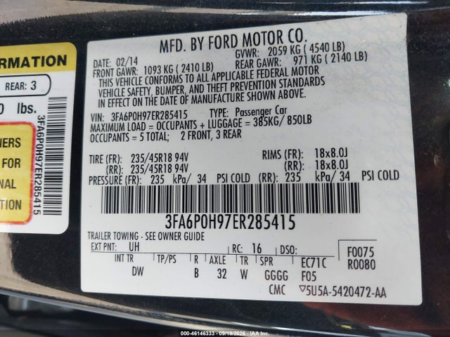 Ford FUSION SE 2014 3FA6P0H97ER285415 Image 9