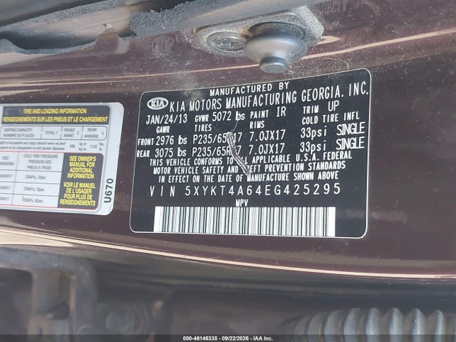 KIA SORENTO LX 2014 5XYKT4A64EG425295 Image 9