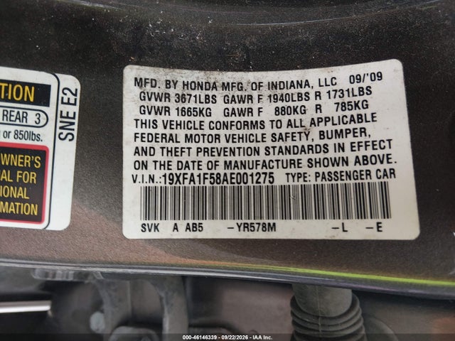 2010 Honda Civic Lx მანქანა იყიდება აუქციონზე, vin: 19XFA1F58AE001275, აუქციონის ნომერი: 46146339
