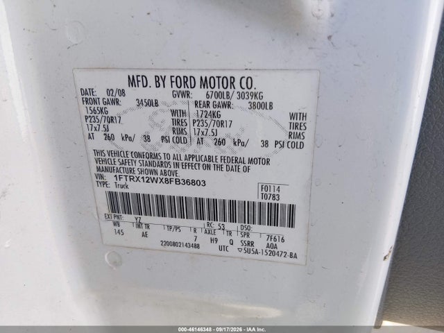 2008 Ford F-150 Fx2/stx/xl/xlt მანქანა იყიდება აუქციონზე, vin: 1FTRX12WX8FB36803, აუქციონის ნომერი: 46146348