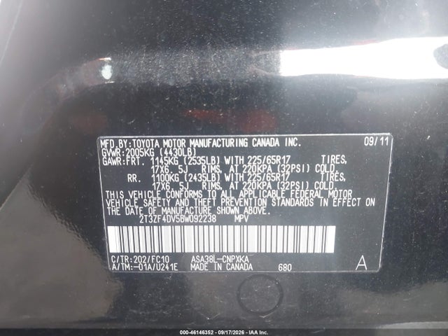 Продажа на аукционе авто 2011 Toyota Rav4, vin: 2T3ZF4DV5BW092238, номер лота: 46146352