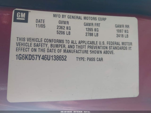 Продажа на аукционе авто 2006 Cadillac Dts Standard, vin: 1G6KD57Y46U138652, номер лота: 46146358