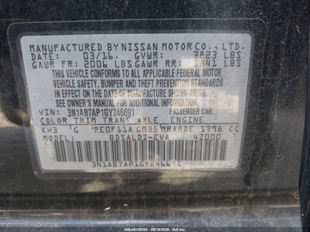 Aukcja sprzedaży 2016 Nissan Sentra Sv, vin: 3N1AB7AP1GY246691, numer aukcji: 46146363