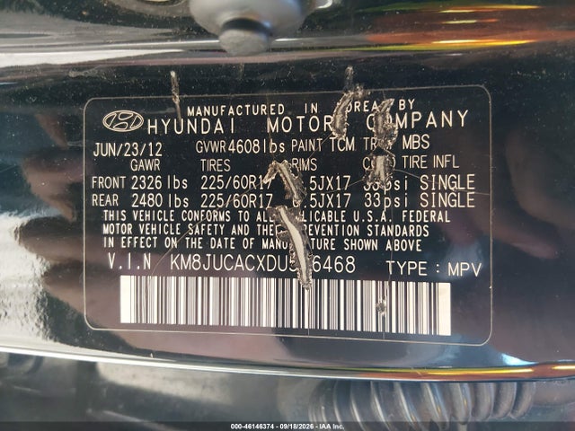Продаж на аукціоні авто 2013 Hyundai Tucson Gls, vin: KM8JUCACXDU566468, номер лоту: 46146374