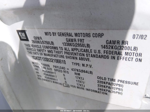 Aukcja sprzedaży 2003 Gmc Envoy Slt, vin: 1GKDT13S632106610, numer aukcji: 46146377
