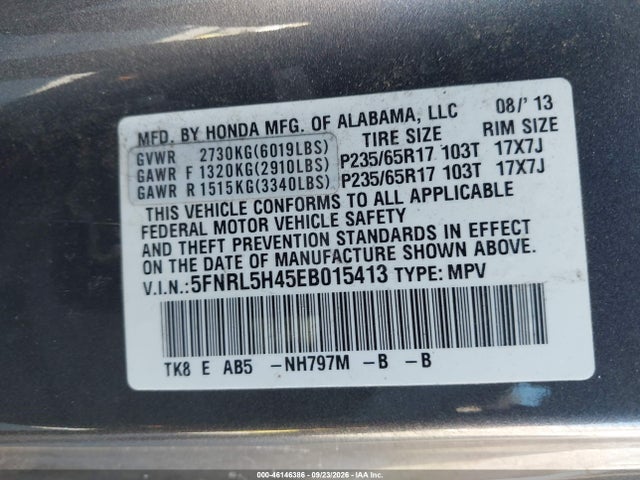 Aukcja sprzedaży 2014 Honda Odyssey Ex, vin: 5FNRL5H45EB015413, numer aukcji: 46146386