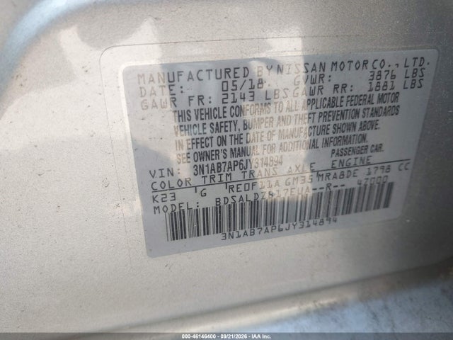 Aukcja sprzedaży 2018 Nissan Sentra Sv, vin: 3N1AB7AP6JY314894, numer aukcji: 46146400