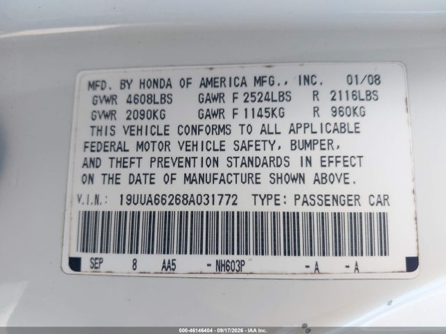 Aukcja sprzedaży 2008 Acura Tl 3.2, vin: 19UUA66268A031772, numer aukcji: 46146404