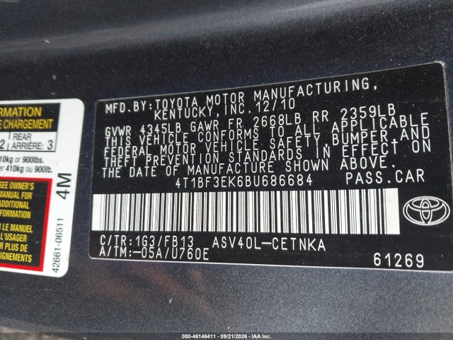Auction sale of the 2011 Toyota Camry Le, vin: 4T1BF3EK6BU686684, lot number: 46146411