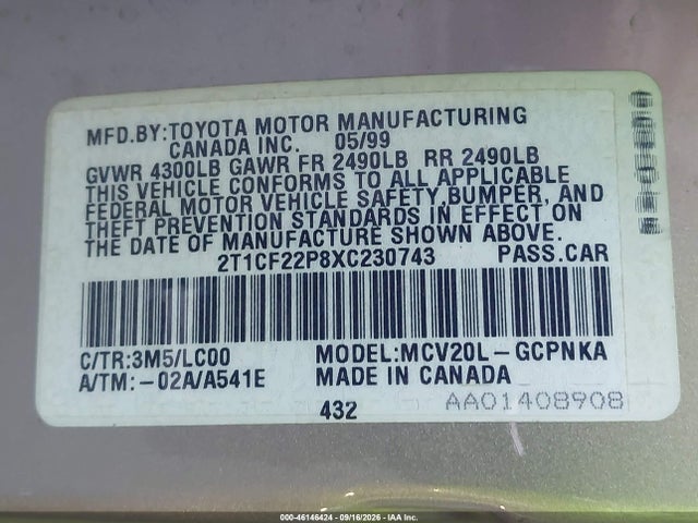46146424 :رقم المزاد ، 2T1CF22P8XC230743 vin ، 1999 Toyota Camry Solara Sle مزاد بيع