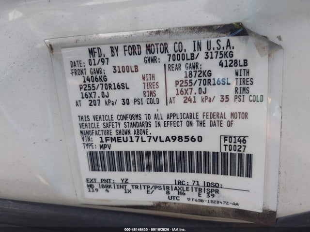 Aukcja sprzedaży 1997 Ford Expedition Eddie Bauer/xlt, vin: 1FMEU17L7VLA98560, numer aukcji: 46146430