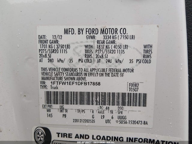 46146431 :رقم المزاد ، 1FTFW1EF1DFB17858 vin ، 2013 Ford F-150 Platinum مزاد بيع