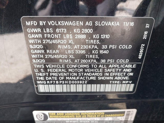 46146432 :رقم المزاد ، WVGRF7BP3HD003922 vin ، 2017 Volkswagen Touareg V6 Wolfsburg Edition مزاد بيع