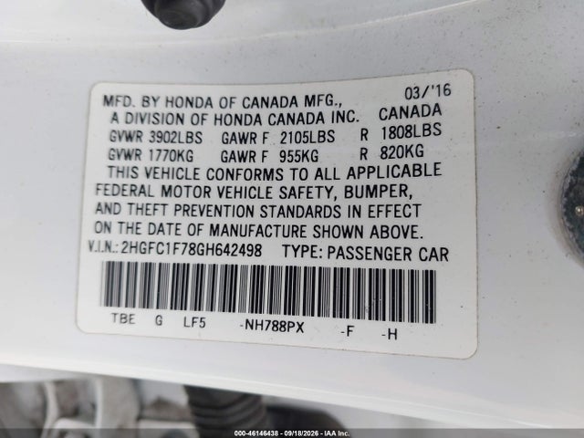 Продажа на аукционе авто 2016 Honda Civic Ex-l, vin: 2HGFC1F78GH642498, номер лота: 46146438
