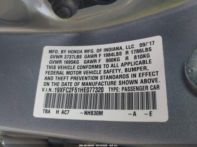 Aukcja sprzedaży 2017 Honda Civic Lx, vin: 19XFC2F51HE077320, numer aukcji: 46146440