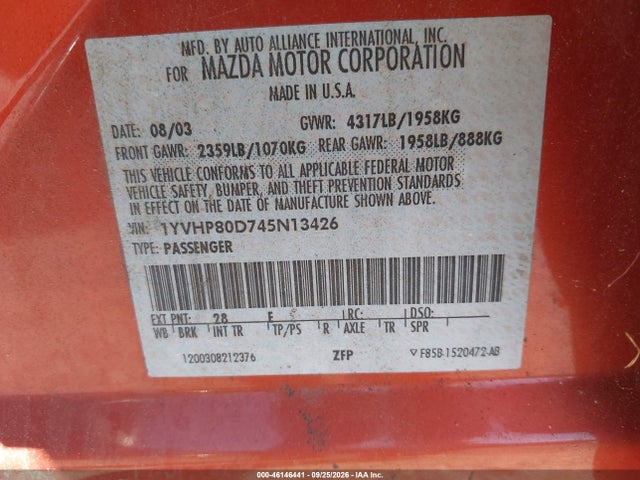 46146441 :رقم المزاد ، 1YVHP80D745N13426 vin ، 2004 Mazda Mazda6 S مزاد بيع