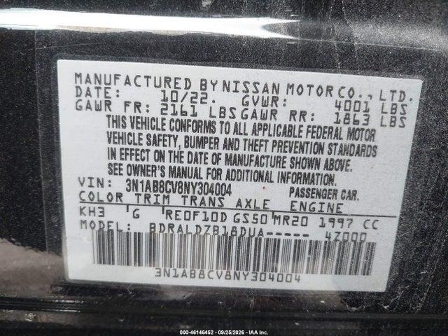 Продаж на аукціоні авто 2022 Nissan Sentra Sv Xtronic Cvt, vin: 3N1AB8CV8NY304004, номер лоту: 46146452