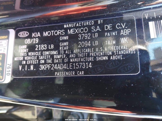 Aukcja sprzedaży 2020 Kia Forte Lxs, vin: 3KPF24AD4LE157314, numer aukcji: 46146458