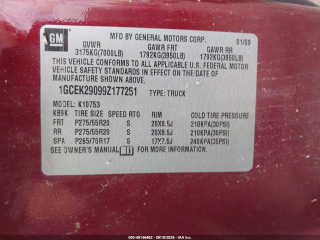 46146462 :رقم المزاد ، 1GCEK29099Z177251 vin ، 2009 Chevrolet Silverado 1500 Lt مزاد بيع