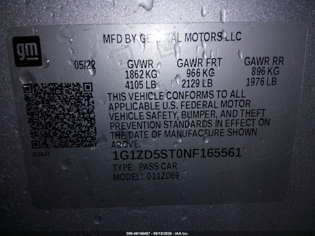 Aukcja sprzedaży 2022 Chevrolet Malibu Fwd Lt, vin: 1G1ZD5ST0NF165561, numer aukcji: 46146467
