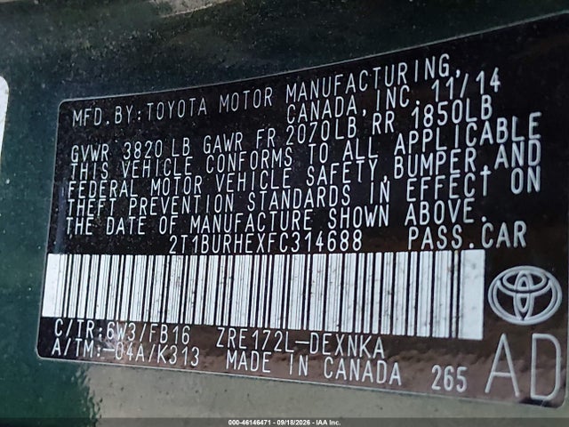46146471 :رقم المزاد ، 2T1BURHEXFC314688 vin ، 2015 Toyota Corolla Le مزاد بيع
