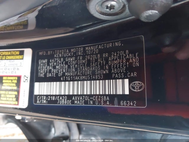 Продаж на аукціоні авто 2021 Toyota Camry Se, vin: 4T1G11AK8MU514853, номер лоту: 46146474