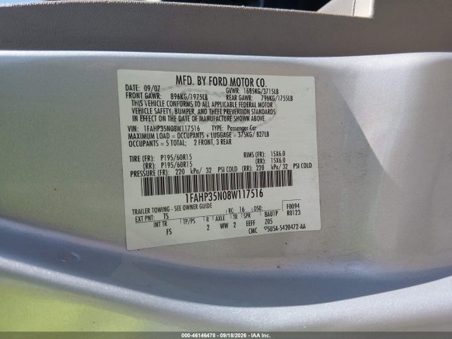 2008 Ford Focus Se/ses მანქანა იყიდება აუქციონზე, vin: 1FAHP35N08W117516, აუქციონის ნომერი: 46146478