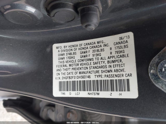 46146480 :رقم المزاد ، 2HGFB2F51DH560146 vin ، 2013 Honda Civic Lx مزاد بيع