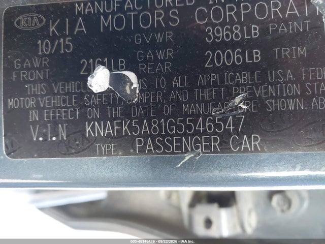 2016 Kia Forte Lx მანქანა იყიდება აუქციონზე, vin: KNAFK5A81G5546547, აუქციონის ნომერი: 46146486