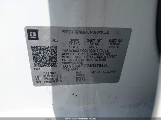 Продаж на аукціоні авто 2018 Chevrolet Tahoe Ls, vin: 1GNSKAEC2JR336491, номер лоту: 46146487