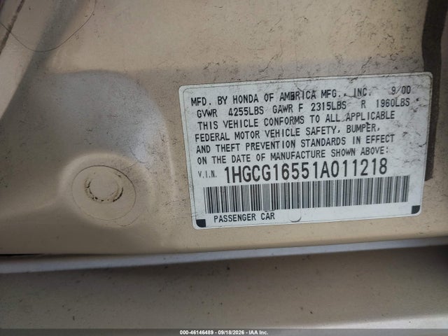 Aukcja sprzedaży 2001 Honda Accord 3.0 Ex, vin: 1HGCG16551A011218, numer aukcji: 46146489