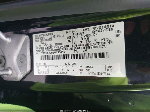 2014 Ford Escape Titanium მანქანა იყიდება აუქციონზე, vin: 1FMCU9J96EUA22616, აუქციონის ნომერი: 46146492
