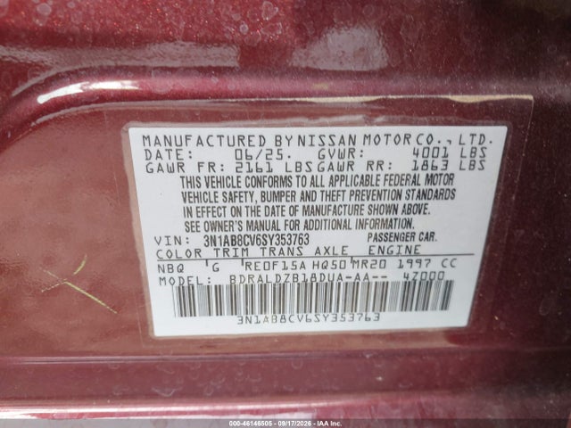 Продаж на аукціоні авто 2025 Nissan Sentra Sv, vin: 3N1AB8CV6SY353763, номер лоту: 46146505