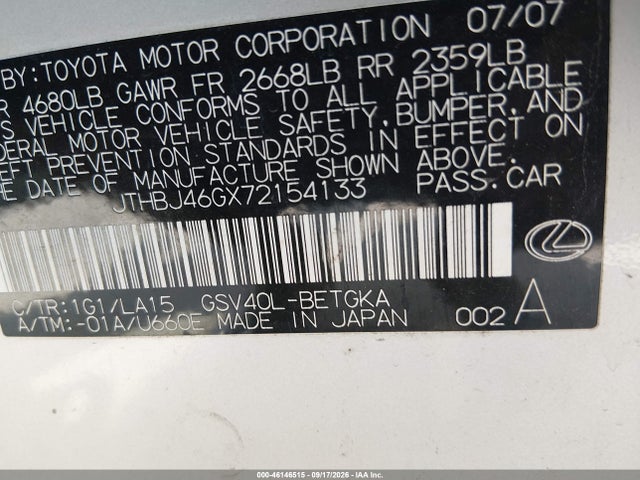 Продаж на аукціоні авто 2007 Lexus Es 350, vin: JTHBJ46GX72154133, номер лоту: 46146515