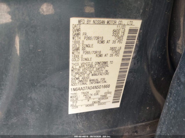 2004 Nissan Titan Se მანქანა იყიდება აუქციონზე, vin: 1N6AA07A04N501668, აუქციონის ნომერი: 46146519