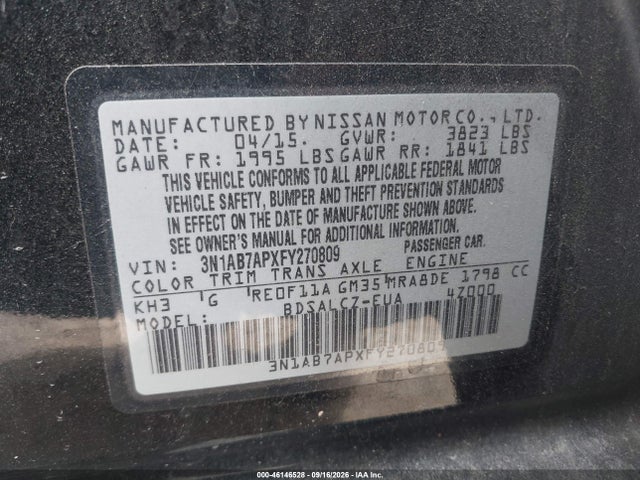 2015 Nissan Sentra S მანქანა იყიდება აუქციონზე, vin: 3N1AB7APXFY270809, აუქციონის ნომერი: 46146528