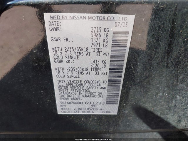 Продажа на аукционе авто 2015 Nissan Pathfinder S, vin: 5N1AR2MM0FC691293, номер лота: 46146538