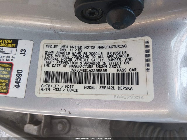 46146540 :رقم المزاد ، 1NXBU4EE1AZ295835 vin ، 2010 Toyota Corolla S مزاد بيع