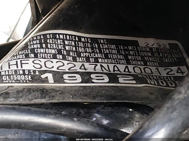 46146548 :رقم المزاد ، 1HFSC2247NA400124 vin ، 1992 Honda Gl1500 Se مزاد بيع