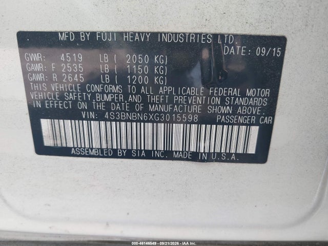 Aukcja sprzedaży 2016 Subaru Legacy 2.5i Limited, vin: 4S3BNBN6XG3015598, numer aukcji: 46146549