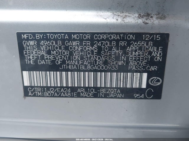 46146555 :رقم المزاد ، JTHBA1BL8GA000933 vin ، 2016 Lexus Gs 200t مزاد بيع