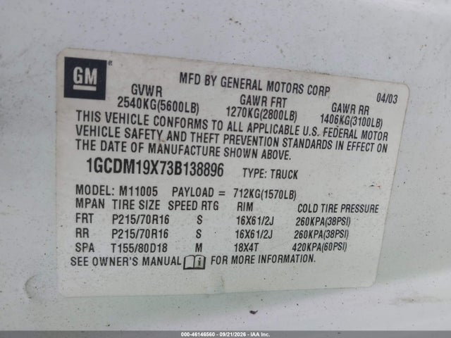 Продаж на аукціоні авто 2003 Chevrolet Astro, vin: 1GCDM19X73B138896, номер лоту: 46146560