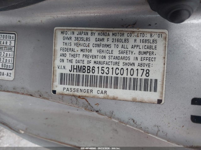 Aukcja sprzedaży 2001 Honda Prelude Type Sh, vin: JHMBB61531C010178, numer aukcji: 46146566