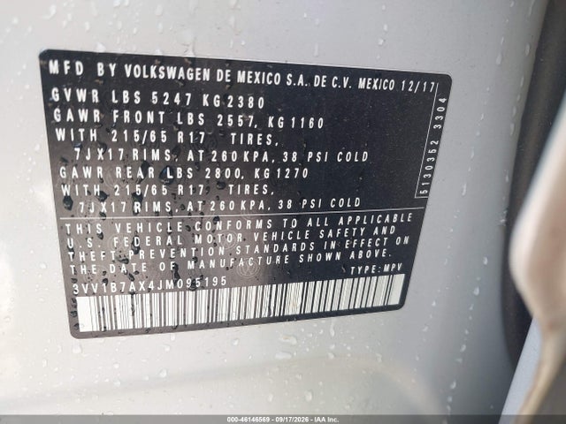 Продажа на аукционе авто 2018 Volkswagen Tiguan 2.0t S, vin: 3VV1B7AX4JM095195, номер лота: 46146569