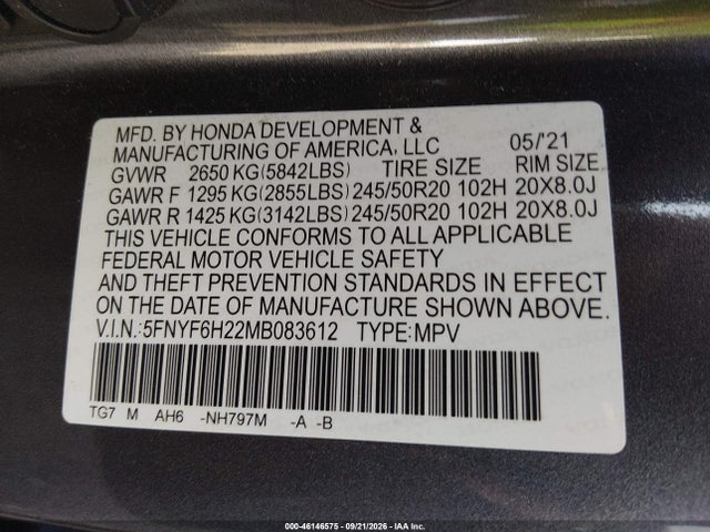 46146575 :رقم المزاد ، 5FNYF6H22MB083612 vin ، 2021 Honda Pilot Awd Special Edition مزاد بيع