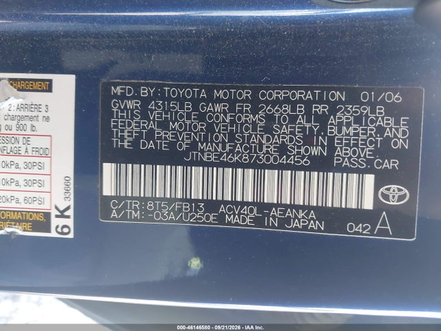 Aukcja sprzedaży 2007 Toyota Camry Ce, vin: JTNBE46K873004456, numer aukcji: 46146580
