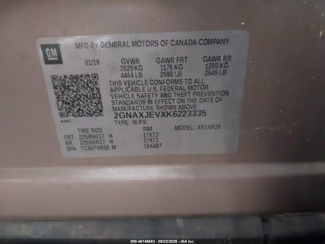 Aukcja sprzedaży 2019 Chevrolet Equinox Lt, vin: 2GNAXJEVXK6223335, numer aukcji: 46146583